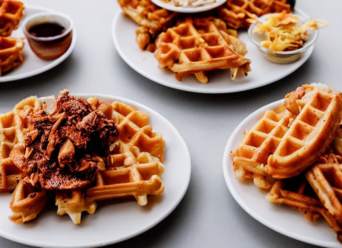 Prompt: dslr food photograph of chicken and waffles with a side of coke slaw, 8 5 mm f 1. 8