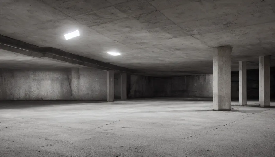 Image similar to brutalism, underground city carpark, lighting with lensflares, photorealistic 8 k