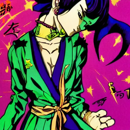 Image similar to a jojo's bizarre adventure manga artstyle colorful sktech : Marie the mother of Jesus standing up arm crossed by hirohiko araki shonen jump, crips details, realistic, featured on Artscape