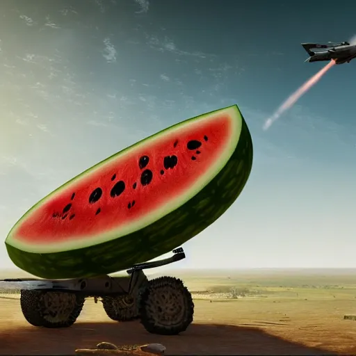 Prompt: Watermelon as military vehicle with epic weapons, launching rockets on a battlefield in russian city as background. More Military vehicle less watermelon . Concept digital 3D art in style of Caspar David Friedrich, super rendered in Octane Render, epic RTX dimensional dramatic light