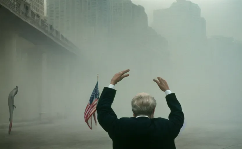 Image similar to cinestill 5 0 d candid photographic portrait by helen levitt of a dolphin being president in the oval office moody emotional cinematic, white pale concrete city, dust storm, 8 k, hd, high resolution, 3 5 mm, f / 3 2, ultra realistic faces, ex machina