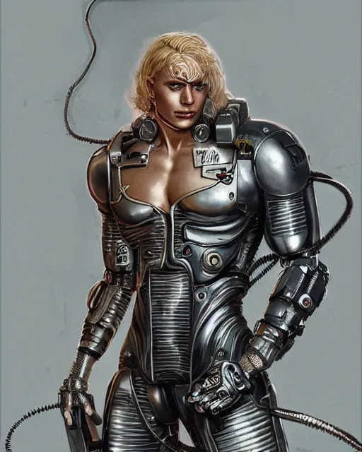 Prompt: cyborg viking portrait, wires and cables, metallic chrome, tattoos, greg rutkowski, full - body character concept art, ismail inceaglu