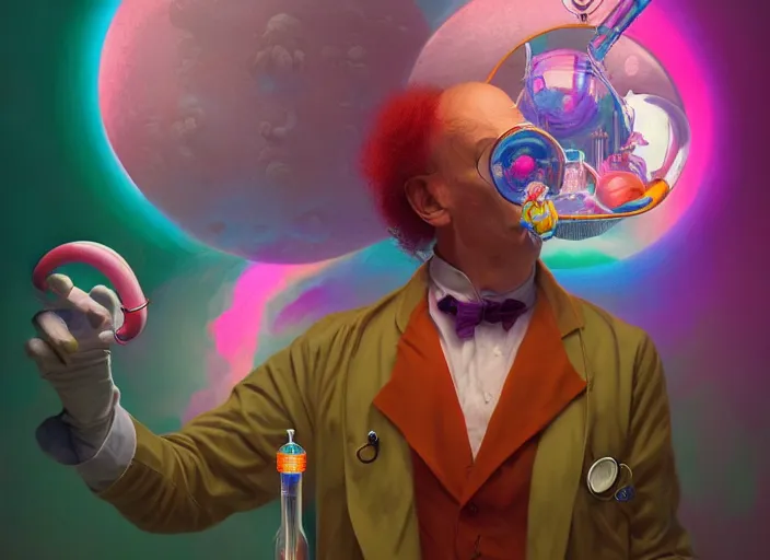 Prompt: A psychedelic portrait of crazy doctor with giant syringe hunting a small white rabbit puffball, vibrant color scheme, highly detailed, in the style of romanticism, cinematic, artstation, Moebius, Greg rutkowski