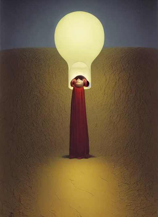 Prompt: A doorway into dunes shows a weeping nun in a flying lantern held aloft by the burning of Aaron\'s Rod Edward Hopper and James Gilleard, Zdzislaw Beksinski, Mark Ryden highly detailed