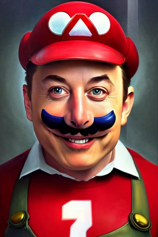 Image similar to elon musk as mario from the super mario bros, realistic portrait, symmetrical, highly detailed, digital painting, artstation, concept art, smooth, sharp focus, illustration, cinematic lighting, art by artgerm and greg rutkowski and alphonse mucha