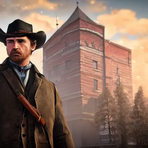 Image similar to arthur from rdr 2 in russia reality nowadays at tolyatti sportivnaia street photorealism