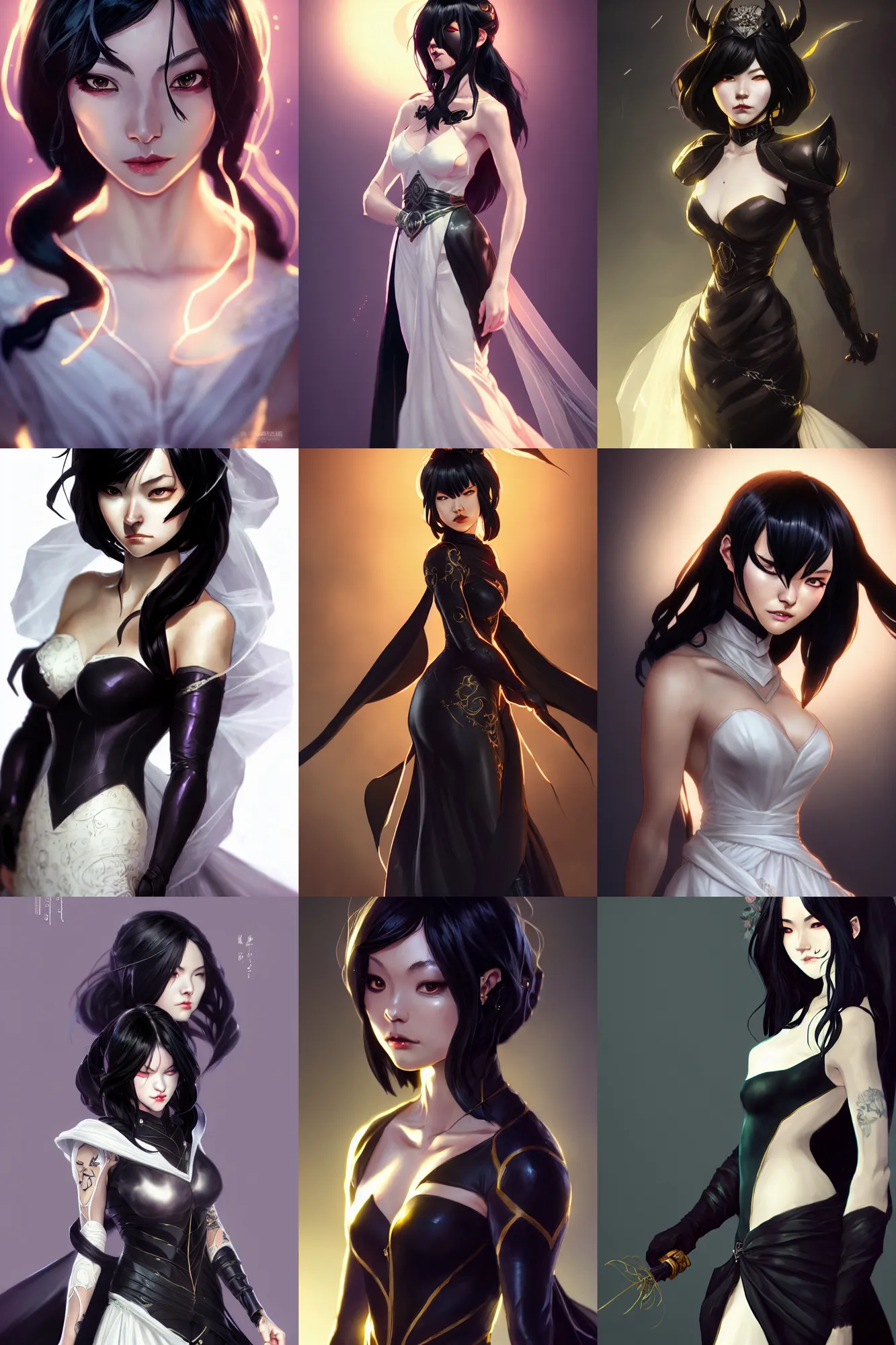 Prompt: cassandra cain in a wedding dress, beautiful face, long black hair, animation, arcane, character portrait, illustrated by wlop, extremely detailed, 8 k, trending on artstation, cinematic lighting, beautiful body