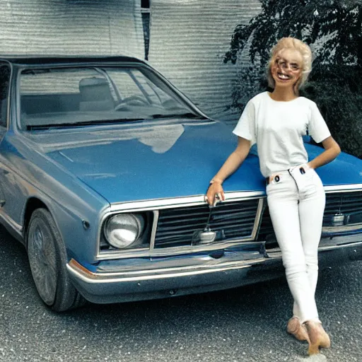 Prompt: a blonde woman smiling next to a vintage car waring a white t shirt and blue jeans, analog photo, 7 0 s, nostalgic