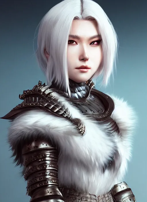 Image similar to warrior, fur - lined leather armor!!! beautiful and elegant white hair female!! gorgeous ayes!! character concept art, sharp focus, octane render! unreal engine 5! highly rendered!! trending on artstation!! detailed linework!! illustration by artgerm, wlop, and chie yoshii