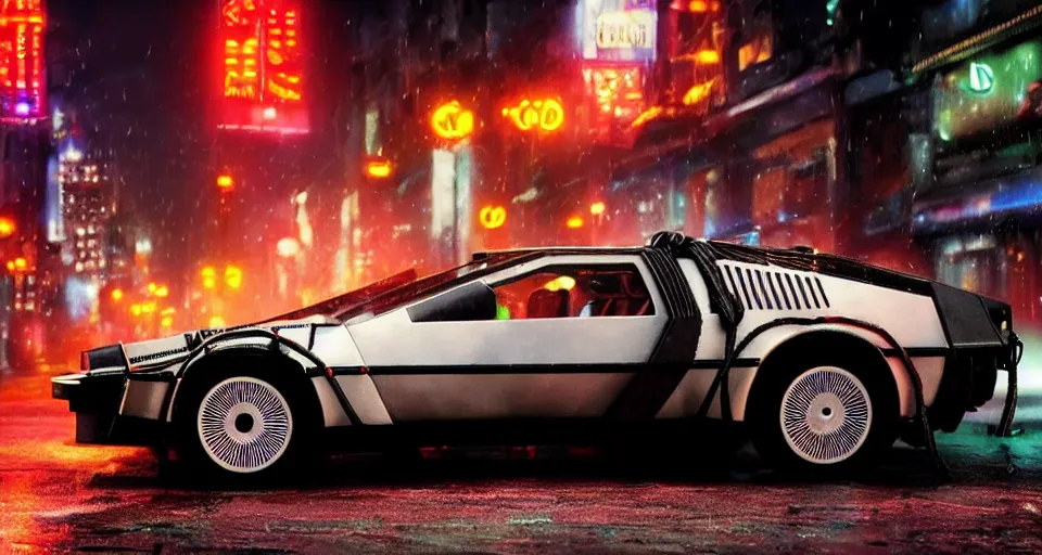 Image similar to a 2 8 mm closeup photo of a tela tron neon delorean back to the future car on wet city street at night, intricate, hyper detailed, smooth, high contrast, neon, volumetric lighting, octane, moebius, greg rutkowski, blade runner, ripley scott, mad max, cindmatic