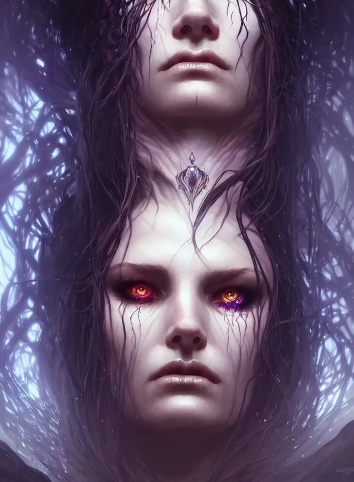 Image similar to Necromancer Sorceress face close-up macro in center, fantasy magic, undercut hairstyle, dark light night, intricate, elegant, sharp focus, illustration, highly detailed, digital painting, concept art, matte, art by WLOP and Artgerm and Greg Rutkowski and Alphonse Mucha, masterpiece