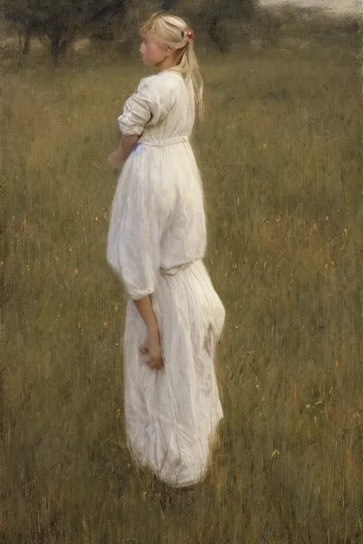 Prompt: blonde girl, pigtail braids, white summer dress, back view, walking in high grass, dramatic evening light, jeremy lipking, joseph todorovitch, jules bastien le - page