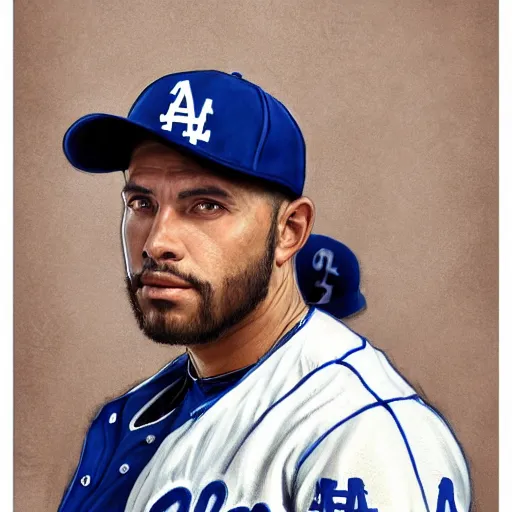 Prompt: portrait painting of los angeles dodger baseball player, unshaven, ultra realistic, concept art, intricate details, serious, highly detailed, photorealistic, octane render, 8 k, unreal engine. art by artgerm and greg rutkowski and alphonse mucha