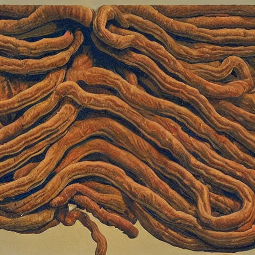 Image similar to by arthur streeton terrifying. a photograph of the human intestine in all its glory. each section of the intestine is labelled, & various items & creatures can be seen inside, such as bacteria, food particles, & even a little mouse.