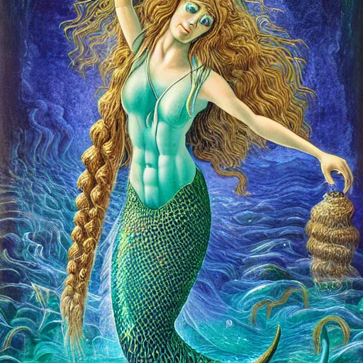 Image similar to intricate detail, gilbert williams and sandro botticelli portrait of tan sumerian mermaid goddess atargatis, princess intergalactica, with aqua neon rapunzel dreadlocks adorned in seashells, near crystal temple in atlantis, iridescent dolphins swimming in the sea, unicorn flying in the sky, paleozoic atlantis