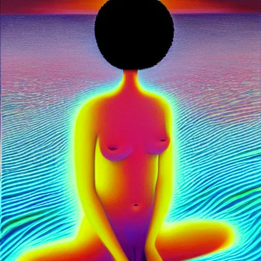 Image similar to a black woman meditating on a black sand beach at sunset, bioluminescent plankton by justin bua and evgeni gordiets and amanda sage in a surreal style, oil on canvas