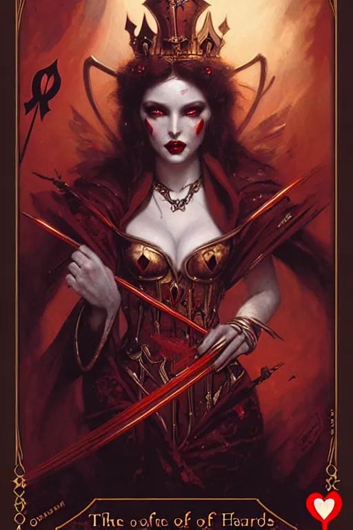 Prompt: the queen of hearts, dark fantasy playing card design by gaston bussiere, bayard wu, greg rutkowski, giger, maxim verehin