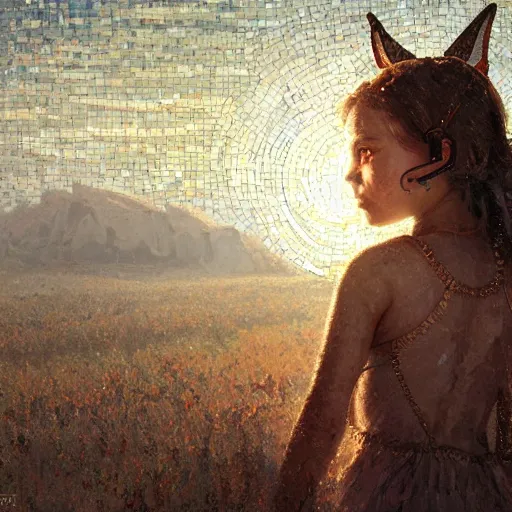 Prompt: mosaic portrait of a beautiful young girl with robot ears falling into the sun by greg rutkowski, 4k, intricate details, dichotomy