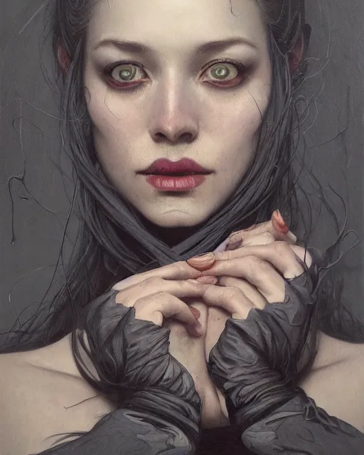 Image similar to portrait of the embodiment of darkness by Valentina Remenar, artgerm, trending on artstaton, intricate, haunting, matte painting, moody lighting, Romanticism, oil painting, hyperrealistic, James Jean, Daniel Gerhartz, maya adam, symbolism, Gerald Brom, J.C. Leyendecker, Alphonse Mucha, Mike Mignola, Akihiko Yoshida, intense atmospheric, intricate, ornate, lightforged, character concept, cgsociety