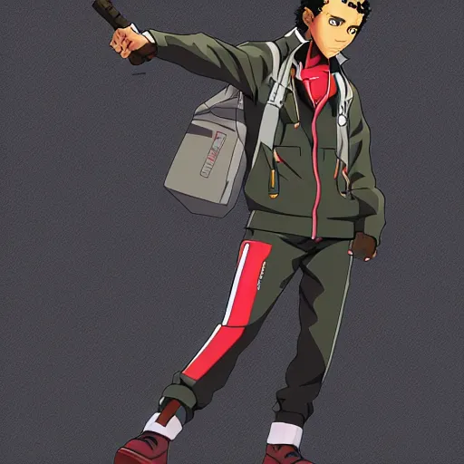 Image similar to huey freeman from boondocks in an acronym techwear outfit, anime, character design, in the style of akihiko yoshida, high definition, fullbody, artstation, 4 k