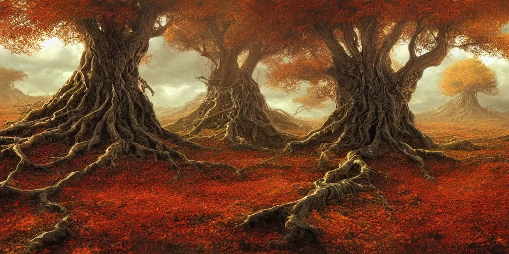 Image similar to Fantastical open landscape by Ted Nasmith, giant world tree, roots, amber, autumn, digital painting, concept art, landscape