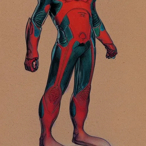 Image similar to concept art, stylized, super exaggerated proportions, concept design, male, science fiction suit, by jean giraud