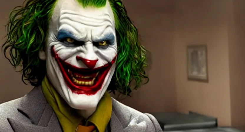 Prompt: pixar heath ledger joker villain 3 d movie screenshot