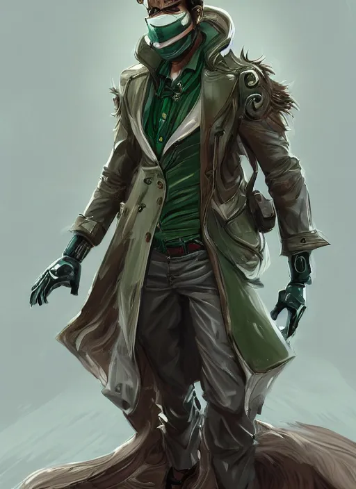 Image similar to a highly detailed illustration of thick wavy brown haired young white guy wearing brown detective trench coat and wearing dark green mask, with many long mechanical arms on his back, dramatic standing pose, intricate, elegant, highly detailed, centered, digital painting, artstation, concept art, smooth, sharp focus, league of legends concept art, WLOP