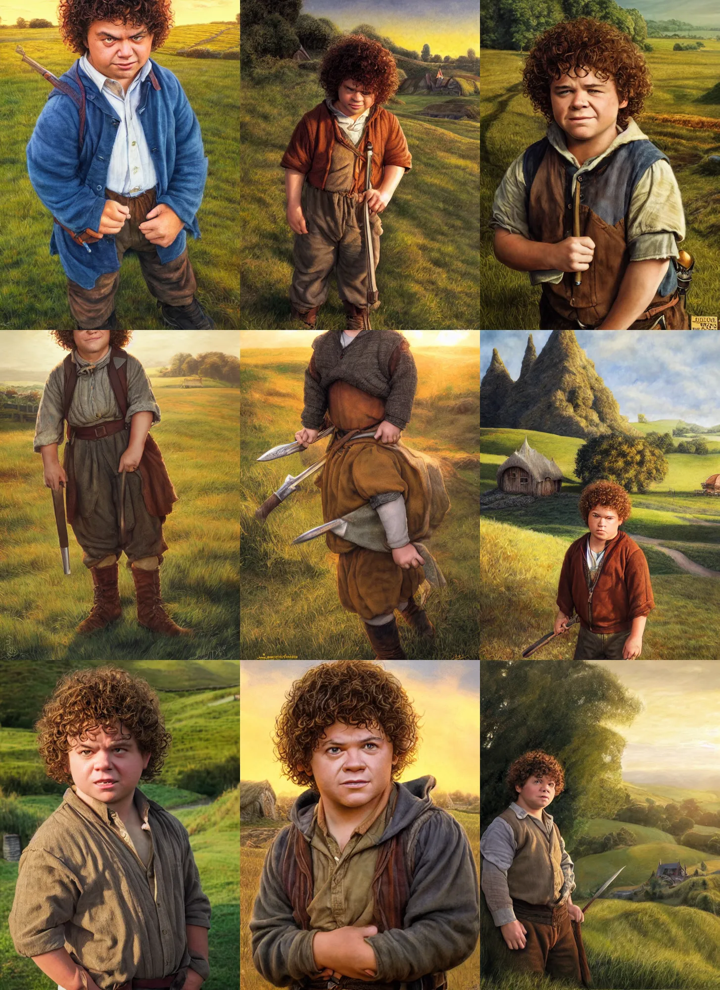 Prompt: gaten matarazzo as samwise gamgee by alan lee, golden hour, hobbiton farm in background, concept art, detailed clothing, art station, oil painting