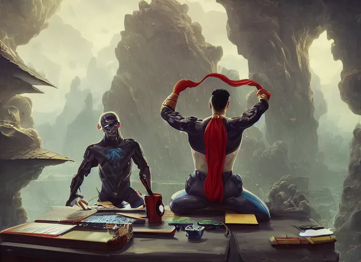 Image similar to an insanely detailed painting of an asian man wearing a homemade superhero costume, sitting at a desk, staring seriously at the computer and typing, in the style of peter mohrbacher, dramatic lighting and composition, surreal background, octane render, pixar, trending on artstation, concept art, comic book, view from behind, 8 k