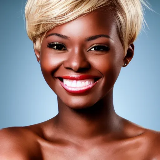 Image similar to short blonde hair black woman beautiful smile supermodel digital art , 8k