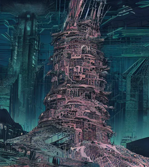 Image similar to colored manga, by tsutomu nihei, tarkovsky, majestic ancient tower of babylon of terror, a woman in cyber clothing, hyperrealistic, blame manga, full color, cyber architecture, intricate, illustration, kilian eng, concept art, hyper - detailed, smooth, masterpiece, epic, cinematic, high quality