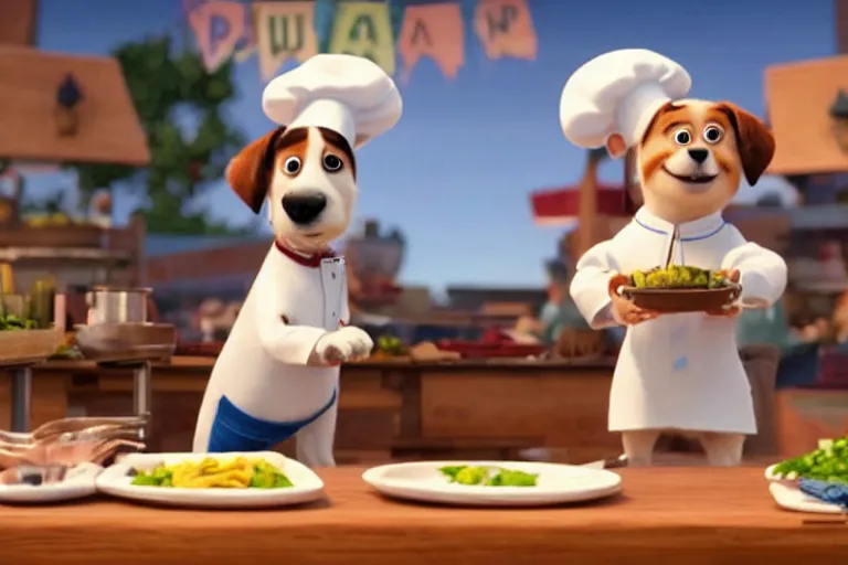 Prompt: promotional image of a puppy as a chef in the new pixar movie, movie still frame, promotional image, imax 70 mm footage