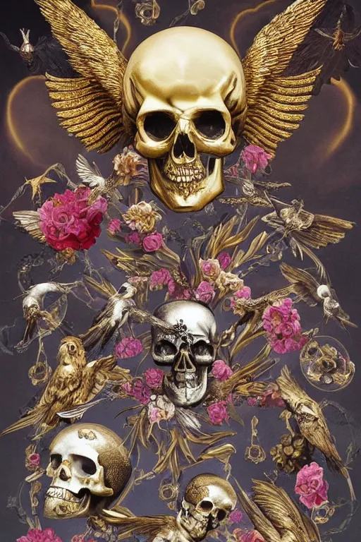 Image similar to A flying icarus reaching for the golden sun with a skull mask and golden wings as a Greek sculpture, quartz crystal skull, wreath of flowers and abstract eyes, bouquet of bones, many large flying monster eyes, silk, fabric, birds, flowers. baroque elements, human skull. full-length view. baroque element. intricate artwork by caravaggio. many many birds birds on background. Trending on artstation. halo. octane render, cinematic, hyper realism, octane render, 8k, depth of field, 3D