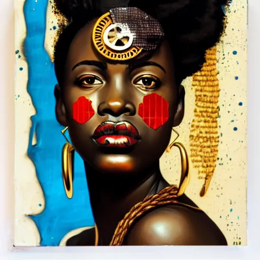 Prompt: portrait of african woman :: side profile :: in ocean :: clockwork details :: gold :: blood and horror :: by marvel and Sandra Chevrier