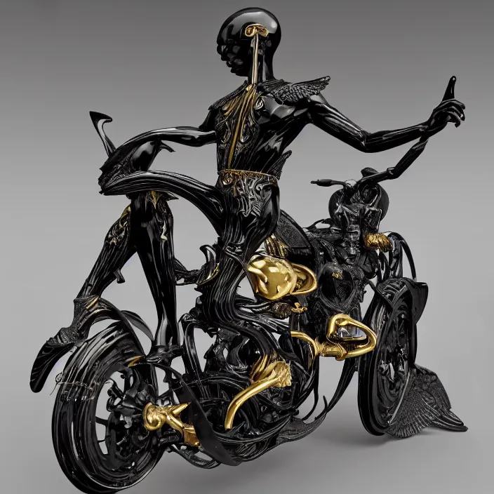 Image similar to fine art statue of masculine black egyptian man on a surrealist motorcycle, ebony art deco, carved black marble, inlaid with ebony and gold accents, ebony rococo, wings black lace wear, spider zero, zaha hadid, beautifully lit, hyper detailed, intricate, elite, ornate, photorealistic, micro details, 3 d sculpture, ray trace