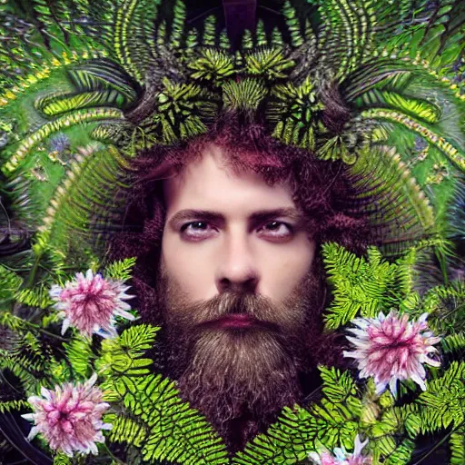 Prompt: a male knight with beard, stern face, clear eyes, shining armour made of steel, and fractal flowery hair in a fractal garden, glowing delicate flower, berries and ferns that grow in a dark fantasy forest, full frame,