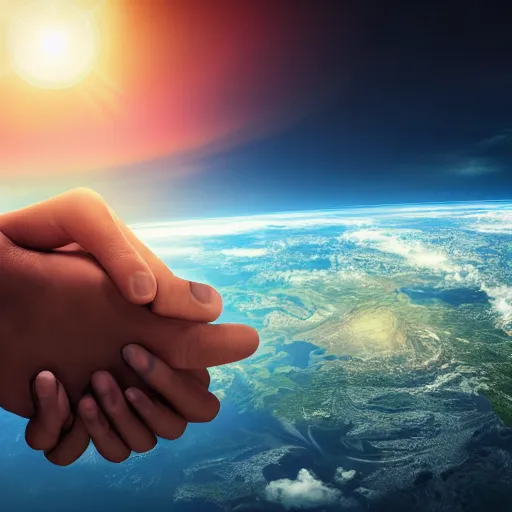 Image similar to Powerful god holding Earth in his hand, unimaginably huge, view from space, eautiful details, HDR, octane render