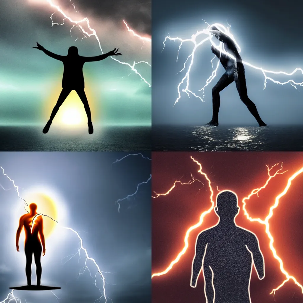 Prompt: Human in lightning form devouring the sun