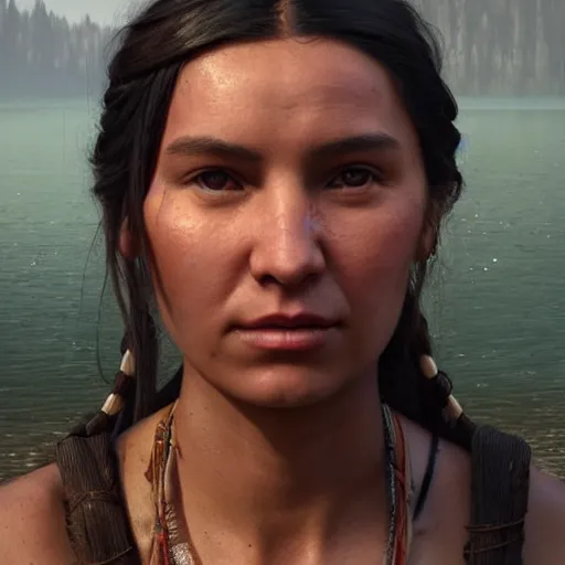 Image similar to hyperrealistic film full body still of sacagawea in river, inspired by istvan sandorfi & greg rutkowski & unreal engine, perfect facial symmetry, dim volumetric cinematic lighting, 8 k octane comprehensive render, extremely hyper - detailed, incredibly lifelike attributes, intricate, real flesh texture, masterpiece, artstation, stunning,