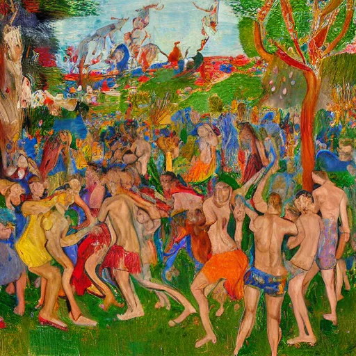 Image similar to 50 GTA NPC's dancing in the garden of eden, happy, painted by Asger Jorn, 8k, Peter Doig, abstract oil paint with thick brushstrokes of paint, ultra detailed, realistic, small spot of thick melting paint drips all over