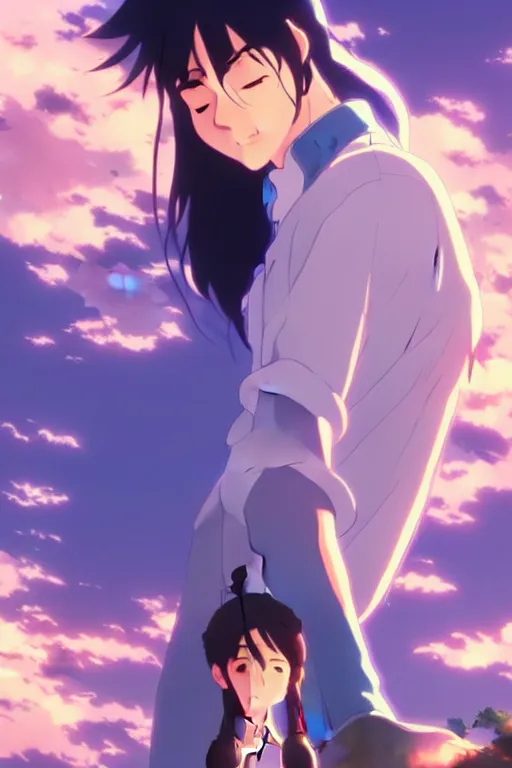 Prompt: fantasy romance movie poster by makoto shinkai, visually stunning, beautiful lighting