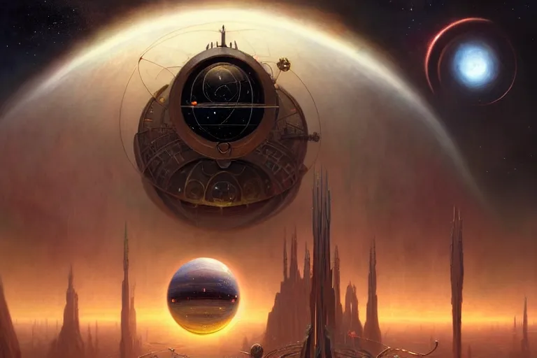 Prompt: a beautiful matte painting!!!, a dark sci-fi retro cover art of the great cosmic orrery machine by Tyler Edlin and Noah Bradley and Jim Burns and James Gurney, award winning, atmospheric, epic and stunning concept art, intricate details, anthropomorphic, monumental, amazing brushwork, trending on artstation, conceptartworld, HD, 4k, 8k