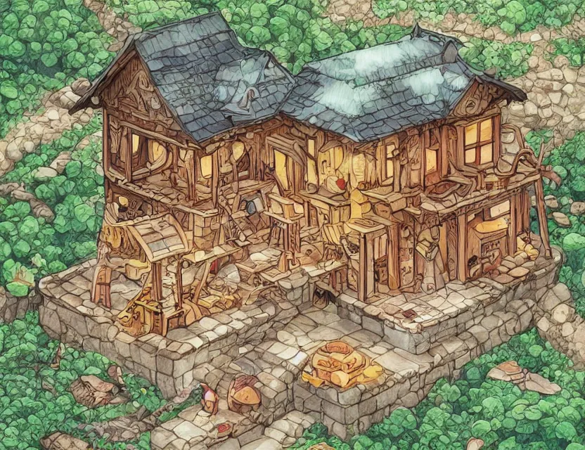 Image similar to cute and funny, a magicians cabin carved into a mountain, centered award winning watercolor pen illustration, isometric illustration by chihiro iwasaki, edited by range murata, sharply focused