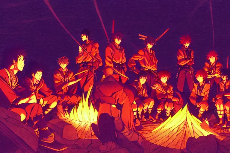 Image similar to cel shaded study of a group of anime warriors sitting around a campfire at night, key visual with intricate linework, in the style of moebius, ayami kojima, 9 0's anime, retro fantasy