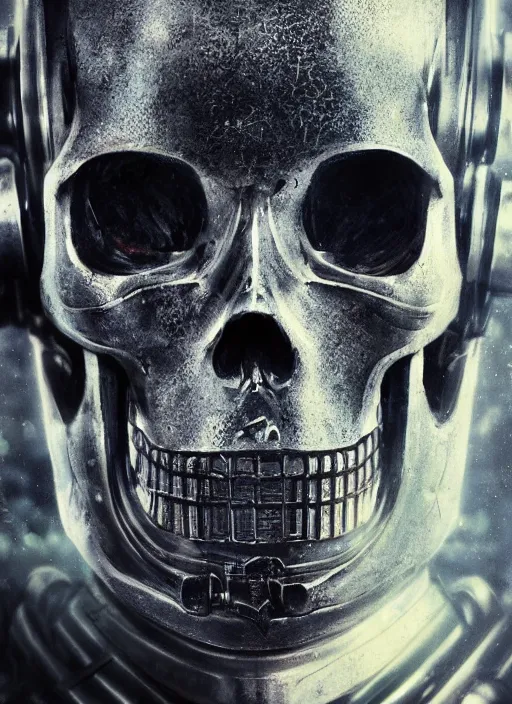 Prompt: 2 8 mm macro photo of metal skull half covered face with cybernetic enhancements as seen from a distance, scifi character portrait by greg rutkowski, canon 5 0 mm, film, photography, esuthio, craig mullins, 1 / 4 headshot, cinematic lighting, dystopian scifi gear, gloomy, profile picture, mechanical, half robot, implants, solarpunk