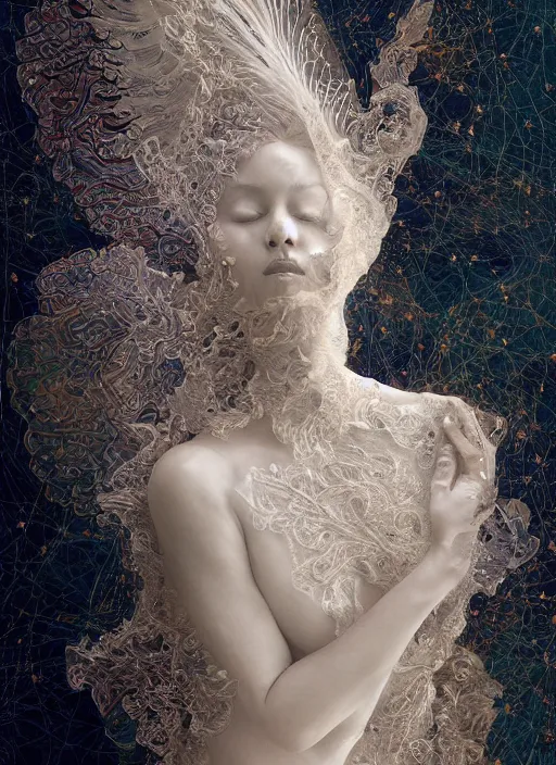Image similar to opalescent marble sculpture of beautiful woman dissolving into shimmering dust, diaphanous, ivory carving, pearlescent, caustics, fractal paisley inlay, lace, intricate, elegant, highly detailed, digital photography, artgerm, feathers, subsurface scattering, caustics, lace, by ruan jia and greg rutkowski