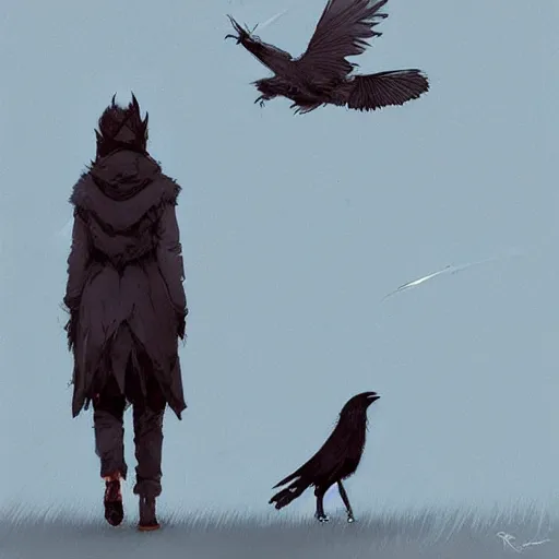 Image similar to a crow and a squirrel, walking towards the horizon, art by guweiz and greg rutkowski, matte, intricate, elegant, highly detailed, smooth, sharp focus, artstation