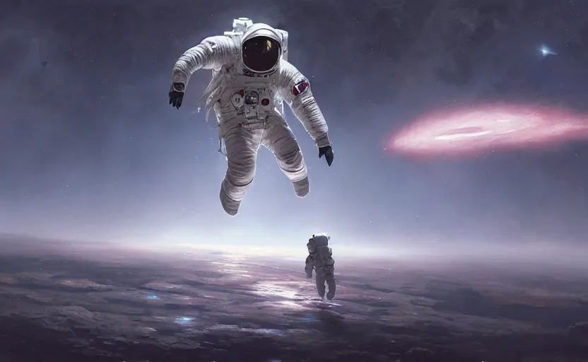 Image similar to painting of an astronaut floating in space by greg rutkowski and craig mullins, Dark cinematic and atmospheric, Dark space, Film photography, UHD 8k,