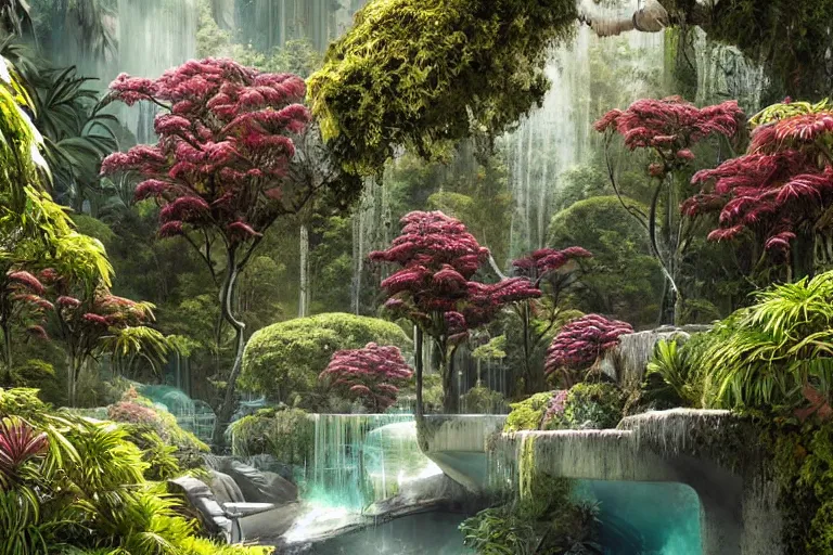 Image similar to brutalist futuristic white Aztec structures, manicured garden of eden, vivid pools and streams, tropical foliage, bromeliads, azaleas, Japanese maples, birds, sculpture gardens, Winter, by Jessica Rossier and Brian Froud